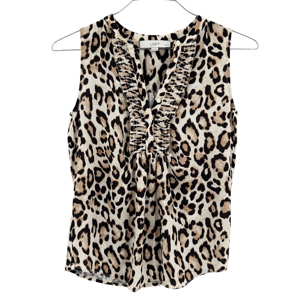 LOFT Leopard Print Sleeveless Blouse Ruffle Split Neck‎ Top Neutral Petites XXSP